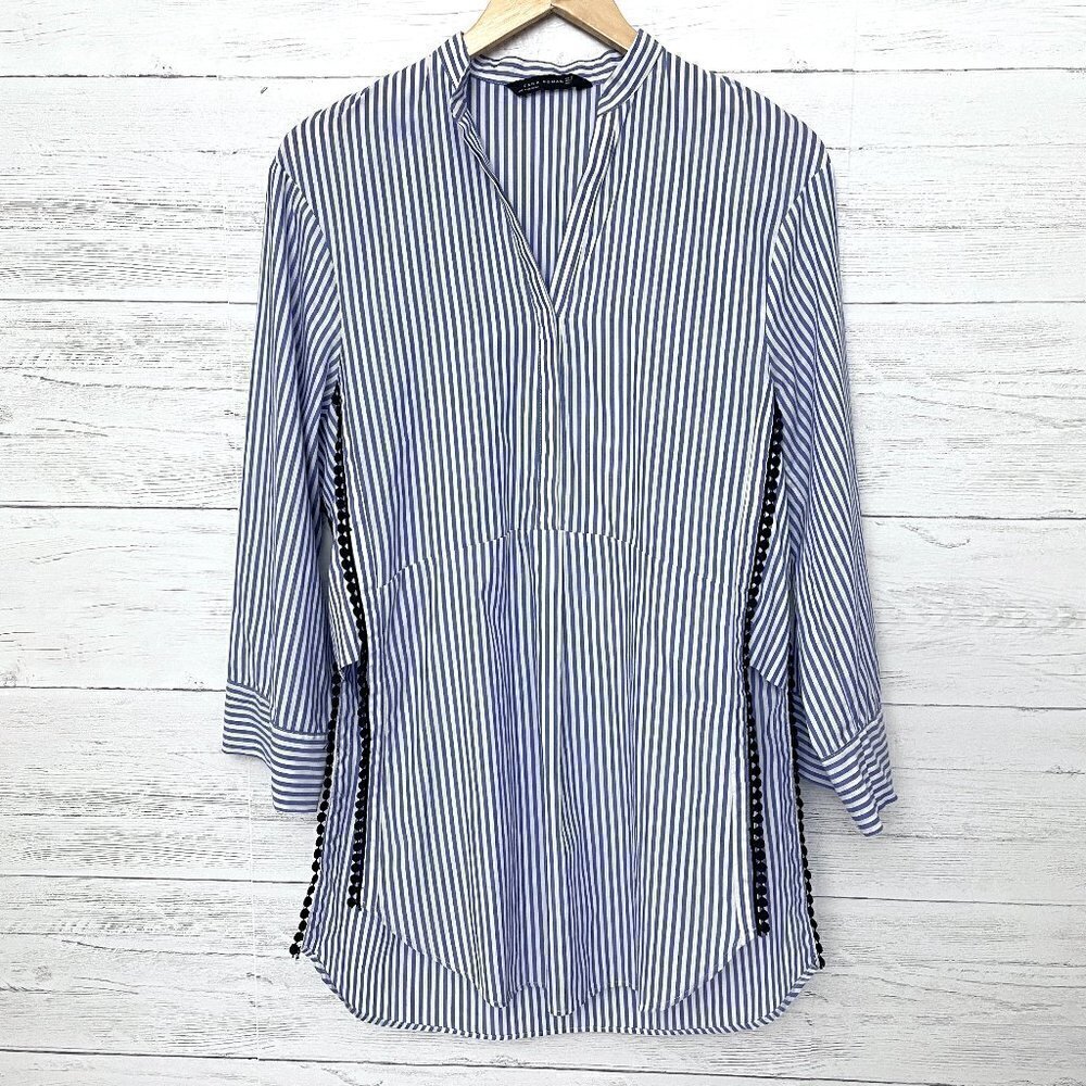 Zara Women's Blue & White Striped Tunic Top Long Length Roll Tab Sleeves XS